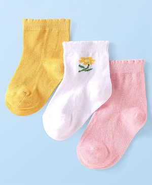 Cute Walk by Babyhug Ankle Length Antibacterial Socks with Floral Design Pack Of 3 - Yellow Pink & White