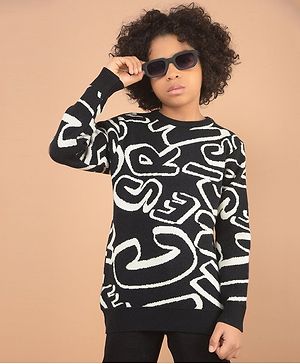 CRIMSOUNE CLUB Full Sleeves Alphabets Designed Sweater - Black