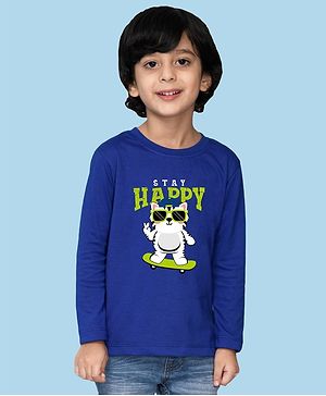 NUSYL Cotton Blend Full Sleeves Cat & Stay Happy Text Printed Tee - Royal Blue