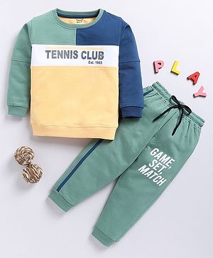 TOONYPORT Cotton Full Sleeves Tennis Club Text Printed & Colour Blocked Tee & Pant Set - Green