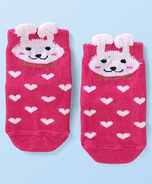 Cutewalk by Babyhug Non Terry Knit Anti-Bacterial Ankle Length Anti-Skid Socks with Bunny Applique - Dark Pink