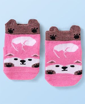 Cutewalk by Babyhug Non Terry Knit Anti-Bacterial Ankle Length Anti-Skid Socks with Animal Applique - Dark Pink