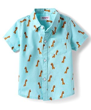 Babyhug Cotton Woven Half Sleeves Shirt with Giraffe Print - Aqua Blue