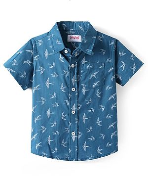 Babyhug Cotton Woven Half Sleeves Shirt with Birds Print - Blue