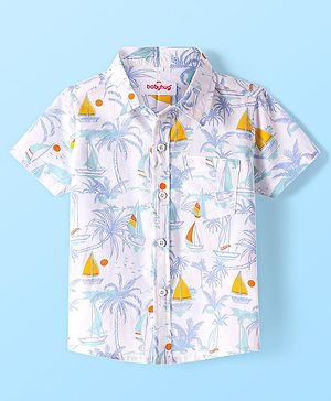 Babyhug Cotton Woven Half Sleeves Shirt with Beach Theme Print - White