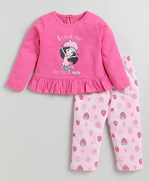 Snuggly MONKEY Single Jersey Knit Full Sleeves I Love You Text & Strawberries Printed Night Suit Set - Pink