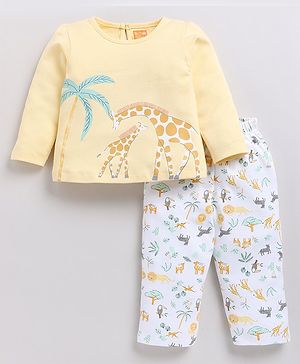 Snuggly MONKEY Interlock Knit Full Sleeves Wild Animals Printed Night Suit Set - Yellow