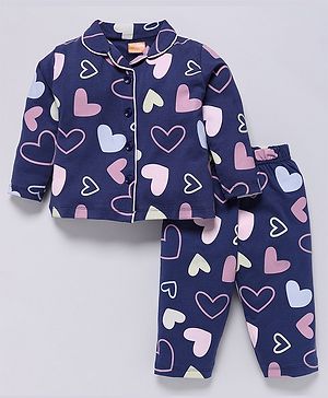 Snuggly MONKEY Single Jersey Knit Full Sleeves Hearts Printed Coordinating Night Suit Set - Navy Blue