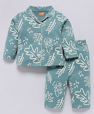 Snuggly MONKEY Single Jersey Knit Full Sleeves Leaves Printed Coordinating Night Suit Set - Green