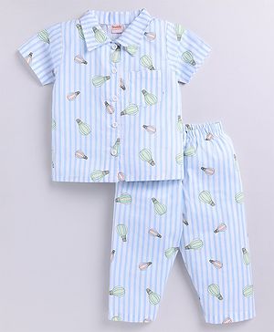 Snuggly MONKEY Poplin Knit Full Sleeves Hot Air Balloon Printed Striped Coordinating Night Suit Set - Blue