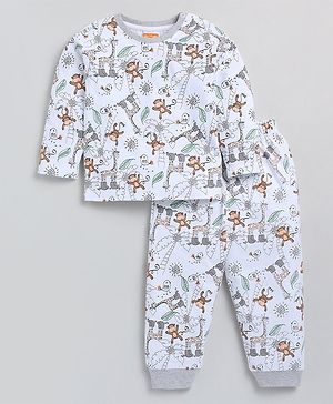 Snuggly MONKEY Single Jersey Knit Full Sleeves Wild Animals Printed Coordinating Night Suit Set - White