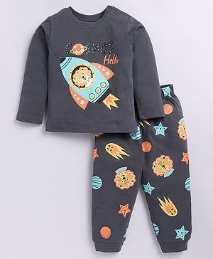 Snuggly MONKEY Single Jersey Knit Full Sleeves Space Theme Printed Night Suit Set - Grey