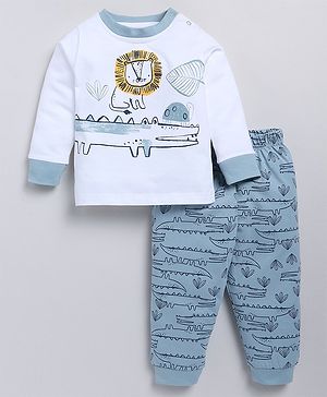 Snuggly MONKEY Single Jersey Knit Full Sleeves Wild Animals Printed Night Suit Set - White