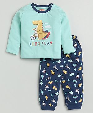 Snuggly MONKEY Single Jersey Knit Full Sleeves Dinosaurs Printed Night Suit Set - Mint