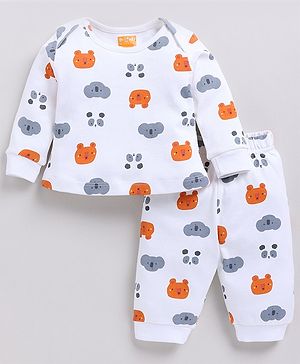 Snuggly MONKEY Interlock Knit Full Sleeves Koala & Bear Printed Night Suit Set - White