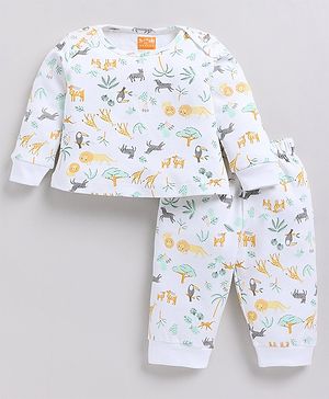 Snuggly MONKEY Interlock Knit Full Sleeves Wild Animals Printed Coordinating Night Suit Set - White