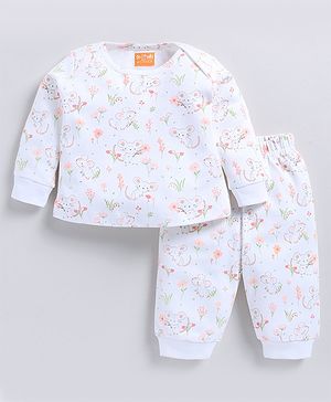 Snuggly MONKEY Interlock Knit Full Sleeves Floral & Mouse Printed Coordinating Night Suit Set - White