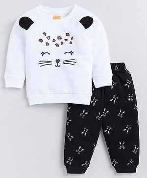 Snuggly MONKEY French Terry Full Sleeves Cat Designed Sweatshirt With Rabbit Printed Joggers Set - White