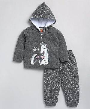 Snuggly MONKEY French Terry Full Sleeves Giraffe Printed Hooded Sweatshirt With Joggers Set - Grey Melange