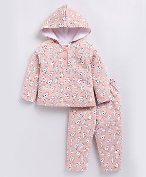 Snuggly MONKEY Fleece Full Sleeves Dogs Printed Hooded Sweatshirt With Coordinating Joggers Set - Peach