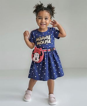 Babyhug Disney Single Jersey Knit  Half Raglan Sleeve Frock & Fanny Pack With Minnie Mouse Graphics And Foil Print Detailing - Navy Blue