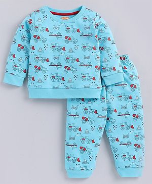 Snuggly MONKEY French Terry Full Sleeves Construction Vehicles Printed Sweatshirt With Coordinating Joggers Set - Blue