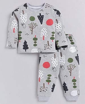 Snuggly MONKEY Fleece French Terry Full Sleeves Trees Printed Sweatshirt With Coordinating Joggers Set - Grey