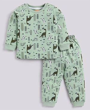 Snuggly MONKEY Fleece French Terry Full Sleeves Dinosaurs & Buildings Printed Sweatshirt With Coordinating Joggers Set - Green