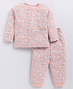 Snuggly MONKEY Fleece French Terry Full Sleeves Dogs Printed Sweatshirt With Coordinating Joggers Set - Peach