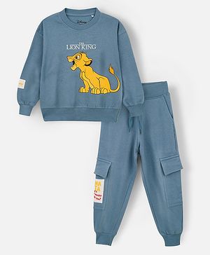 Nap Chief Disney The Lion King Featuring Pure Cotton Full Sleeves Simba Printed Oversized Sweatshirt & Cargo Joggers Set - Blue