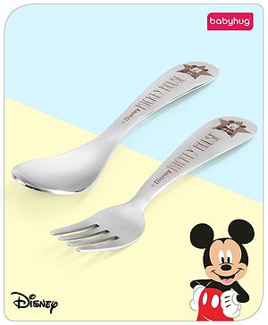 Babyhug Disney Mickey Mouse Stainless Steel Fork & Spoon Set | Easy to Clean & Maintain| Encourage Self Feeding| Laser Print| Dishwasher Safe| Gifting Option - Silver