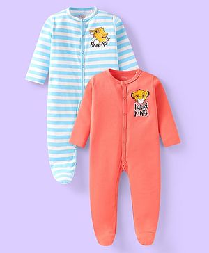 Babyhug Disney Interlock Knit Full Sleeves Footed Sleep Suits With Lion King Graphics Pack of 2 - Coral & Light Blue
