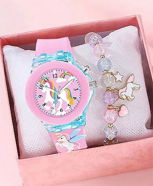 Ziory Unicorn Embellished LED Analogue Watch & Beaded Bracelet Set - Pink