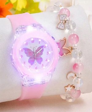 Ziory Butterfly Embellished LED Analogue Watch & Beaded Bracelet Set - Pink