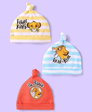 Babyhug Disney Interlock Knit Caps with Lion King Graphics & Stripes Pack of 3 - Red Blue & Yellow