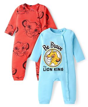 Babyhug Disney Interlock Knit Full Sleeves Rompers with Lion King Graphics Pack of 2 - Red & Light Blue