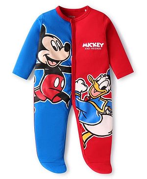 Babyhug Disney Interlock Knit Full Sleeves Footed Sleep Suits With Mickey Mouse & Donald Duck Graphics - Red & Blue