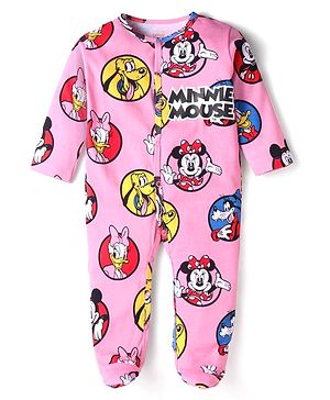 Babyhug Disney Interlock Knit Full Sleeves Footed Sleep Suit With Minnie Mouse & Family Graphics - Pink