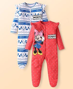 Babyhug Disney Interlock Knit Full Sleeves Footed Sleep Suits With Minnie Mouse Graphics Pack of 2 - Red & White