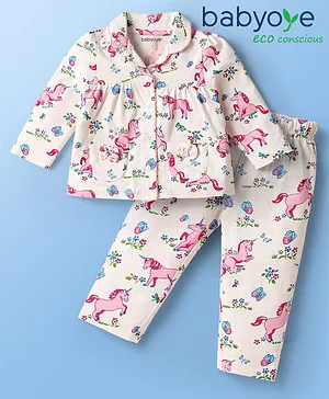 Babyoye Eco Conscious 100% Cotton Knit Full Sleeves Co-ords Night Suit with Unicorn Print - White