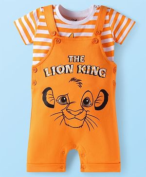 Babyhug Disney Single Jersey Knit Dungaree & Half Sleeves Striped T-Shirt with Lion King Graphic - Orange