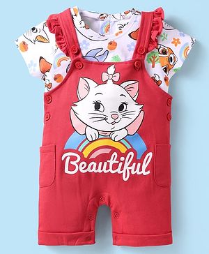 Babyhug Disney Single Jersey Knit Dungaree & Half Sleeves T-Shirt With Aristocats Marie Graphics - Red & White