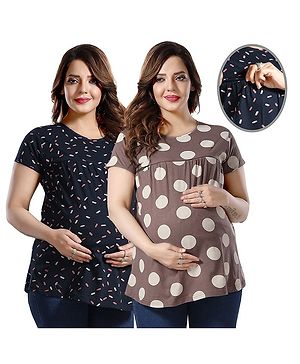 Fabme Pack Of 2 Half Sleeves Polka Dots & Abstract Printed Tops With Concealed Zipper Nursing Access - Chocolate Brown & Navy Blue