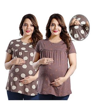 Fabme Pack Of 2 Half Sleeves Polka Dots & Floral Printed Tops With Concealed Zipper Nursing Access - Chocolate Brown & Purple