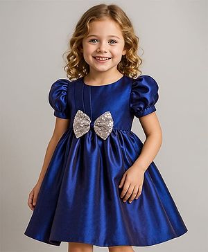 Babyhug Woven Half Puffed Sleeves Fit & Flare Party Frock with Sequin Bow Detailing - Navy Blue
