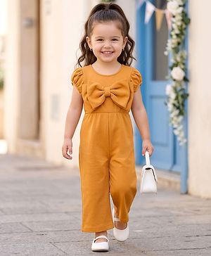 Babyhug Woven Half Puffed Sleeves Party Jumpsuit with Bow Applique - Orange