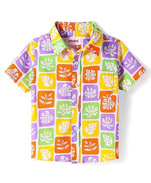 Babyhug Cotton Knit Half Sleeves Collar Shirt with Tropical Theme Print- Yellow & Green