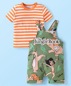 Babyhug Disney Single Jersey Knit Dungaree & Half Sleeves Striped T-Shirt With Jungle Book Graphics - Olive Green & Orange