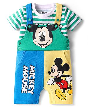 Babyhug Disney Single Jersey Knit Cut & Sew Dungaree & Half Sleeves Striped T-Shirt with Mickey Mouse Graphics - Multicolor