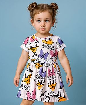 Babyhug Disney Single Jersey Knit Half Raglan Sleeves  Frocks With Daisy Duck Print - White
